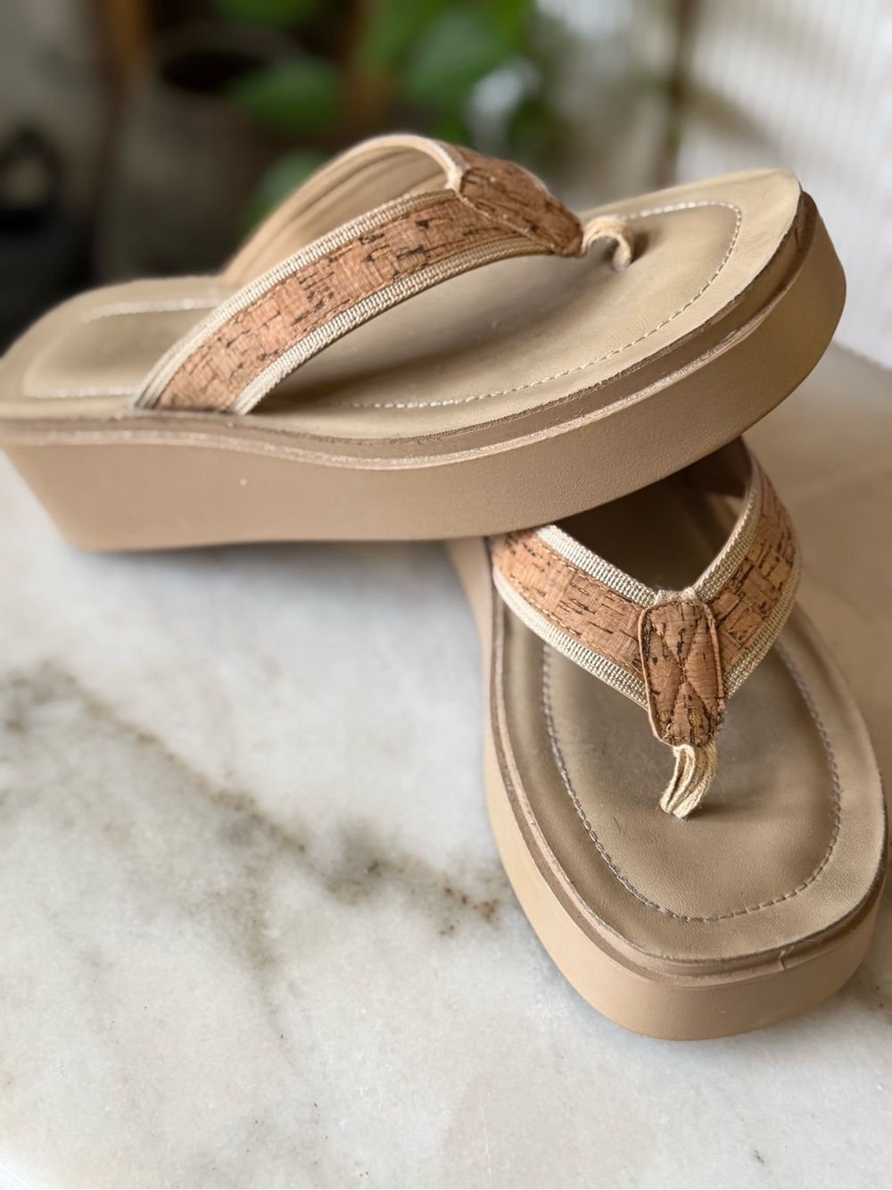 Athlefit Platform Thong Sandals in Tan with Cork-Trim Straps